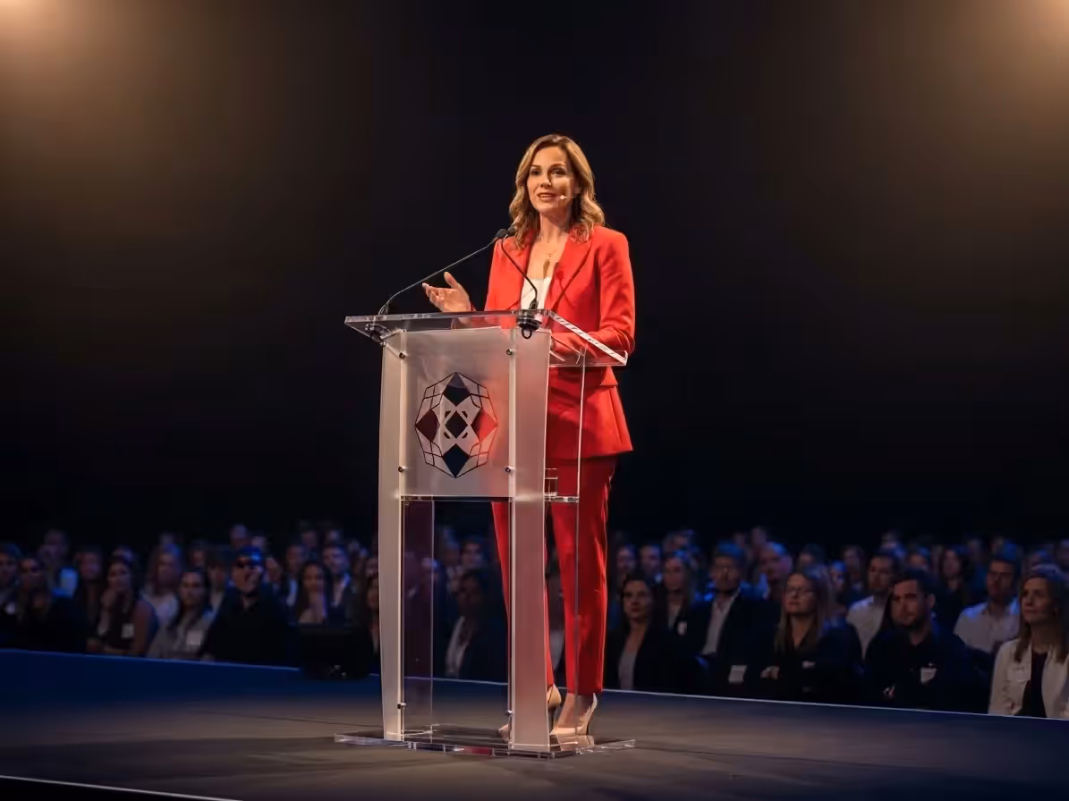 Mujer con traje rojo en podium de acrílico en evento corporativo