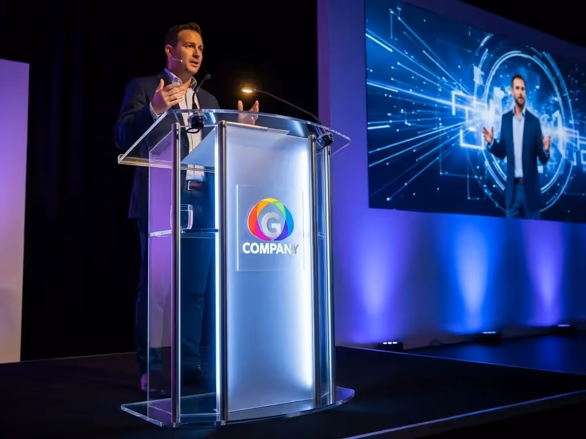 Podium curvo iluminado en evento corporativo de tecnología