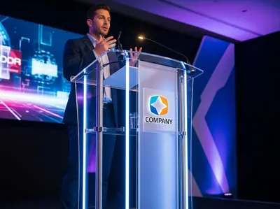 Podium acrílico transparente columna central minimalista para eventos CDMX