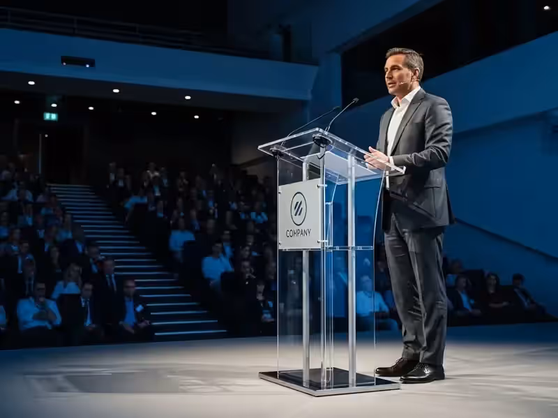 Podium de acrílico transparente con columna metálica profesional