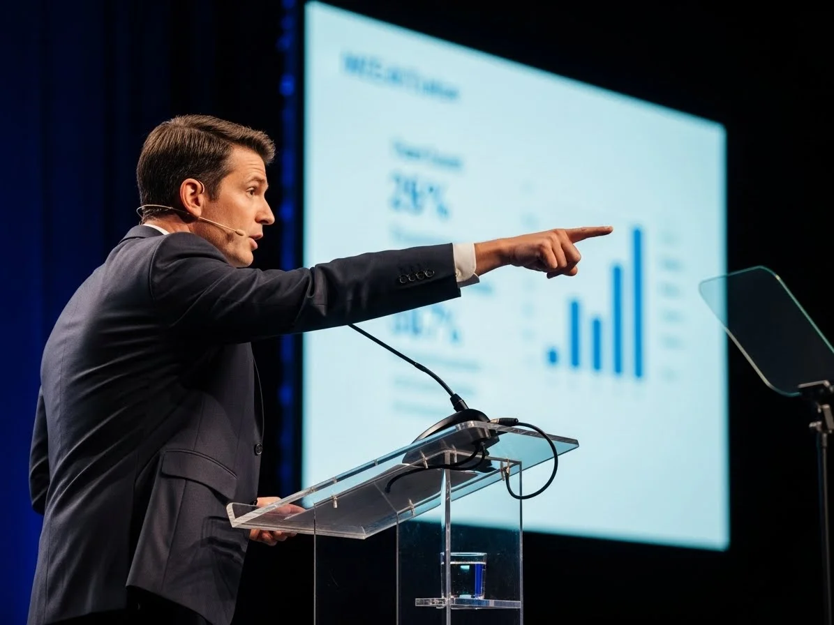 Presentacion ejecutiva con podium de acrilico y graficos en pantalla azul