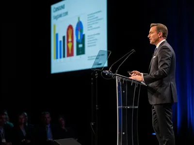 Presentación empresarial con podium acrílico y gráficos en pantalla CDMX