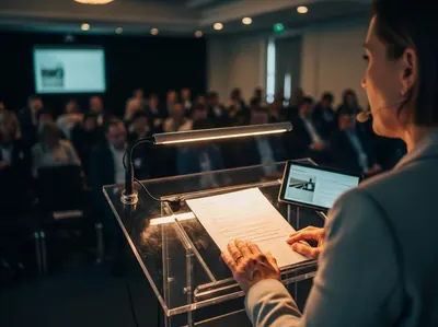 Presentación ejecutiva mujer con podium acrílico y lámpara en sala de juntas CDMX