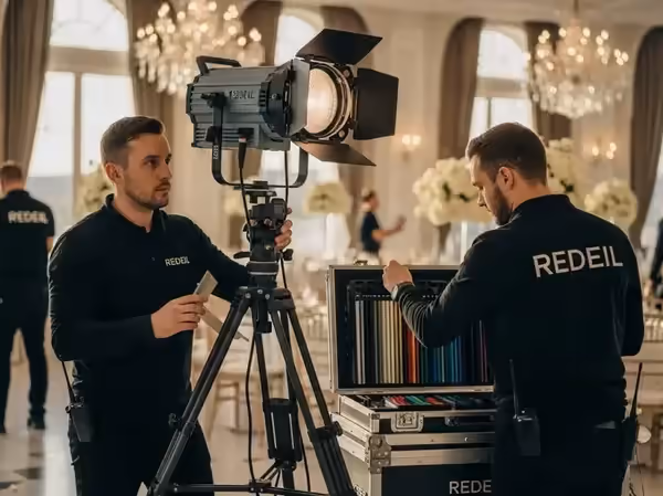 Operadores revisando los geles de color del seguidor antes de la recepción