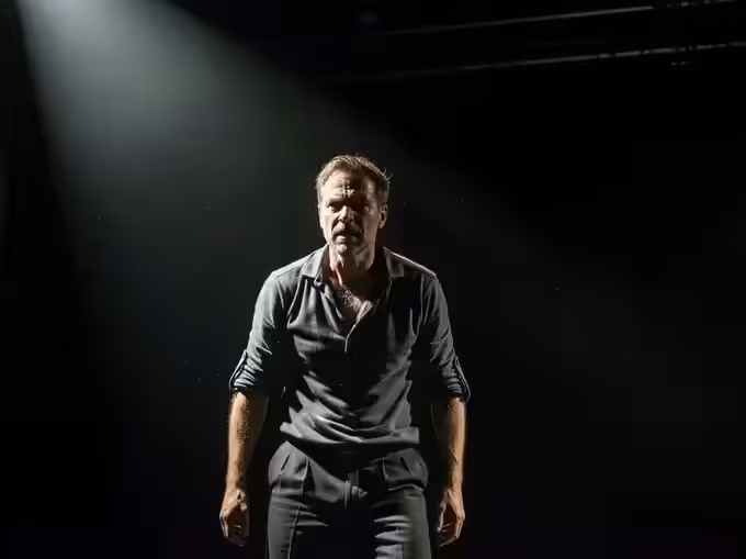 Actor de teatro en monólogo seguido por un follow spot cerrado con iris