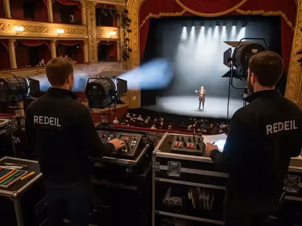 Operadores siguiendo cues de una obra desde la consola del teatro