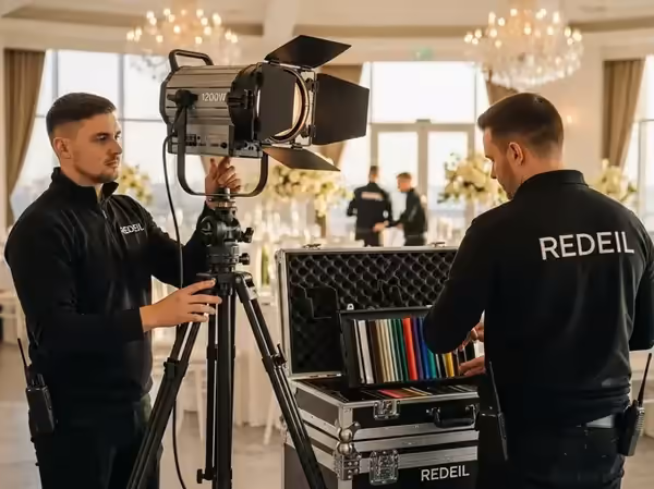 Técnicos instalando el punto de operación del seguidor en un salón antes del evento