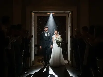 Seguidor iluminando entrada triunfal de novios en boda - renta luz follow spot CDMX