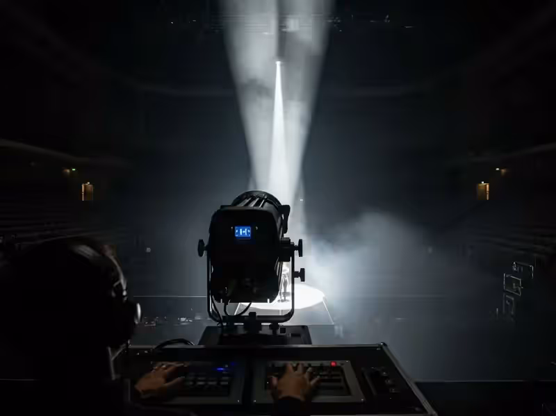 Operador de follow spot controlando el haz durante un concierto en auditorio