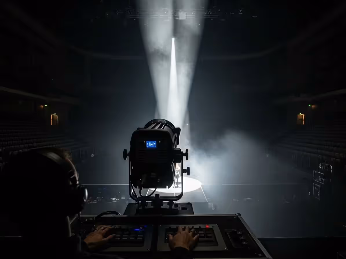 Operador de seguidor en el control de un auditorio durante un concierto