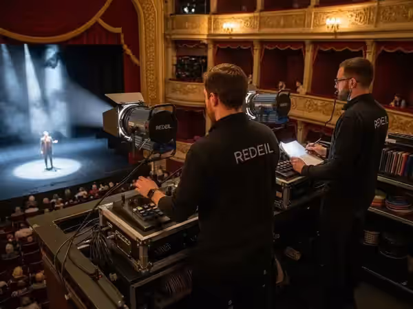 Dos operadores coordinando seguidores desde el control de iluminación