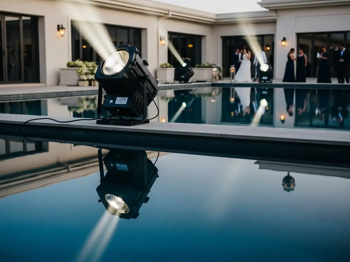 Luces antiaereas para boda en terraza con alberca