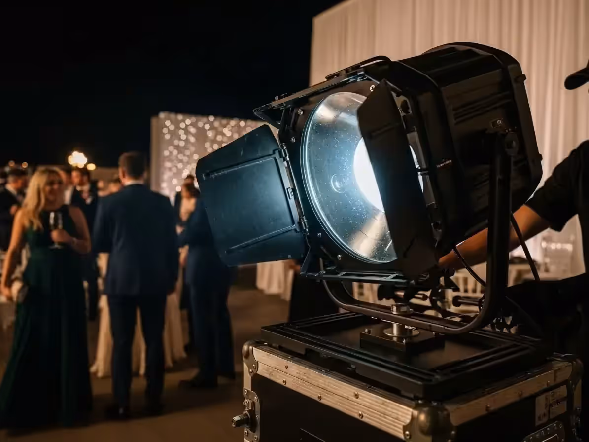 Haces de sky tracker en gala nocturna elegante