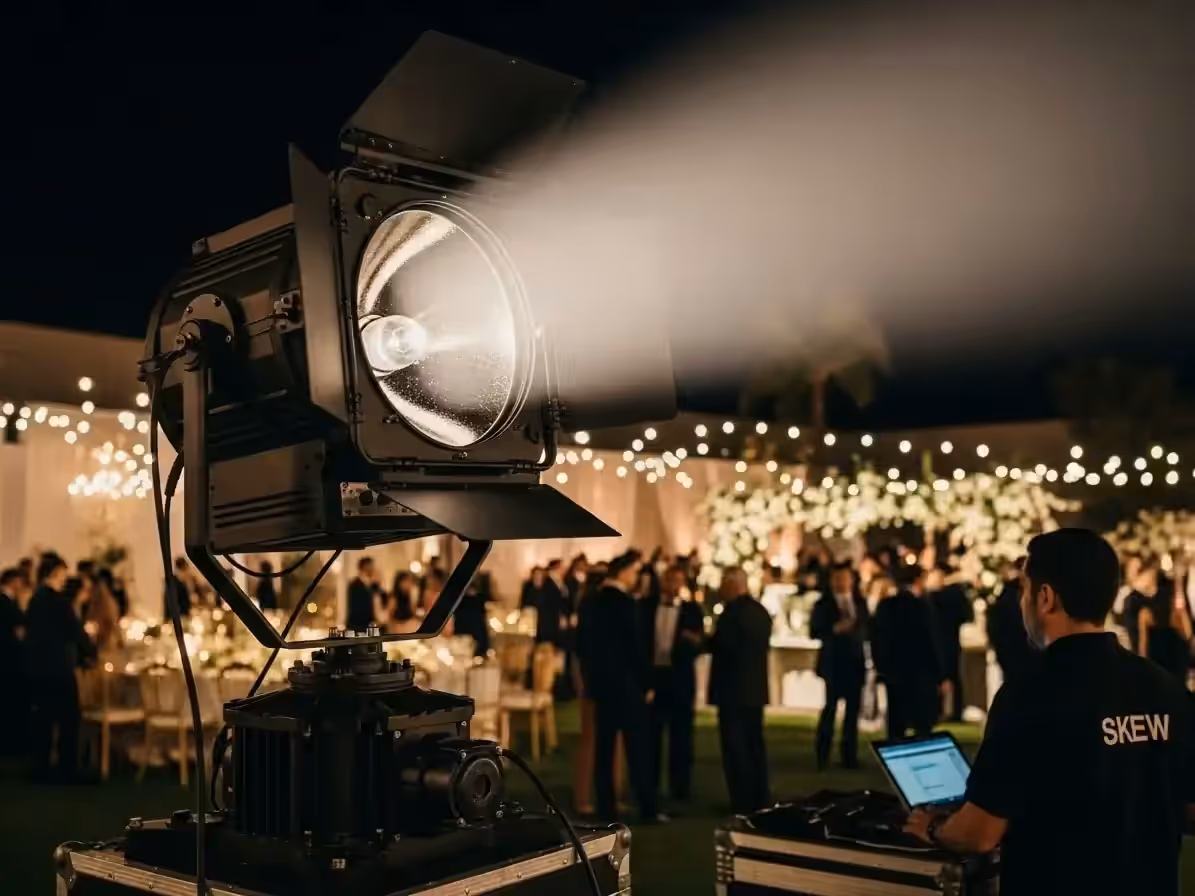 Boda exterior con sky tracker y guirnaldas de fondo