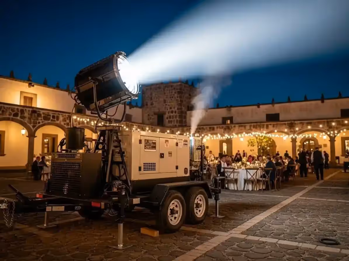Banquete de boda en hacienda con sky trackers iluminando el cielo