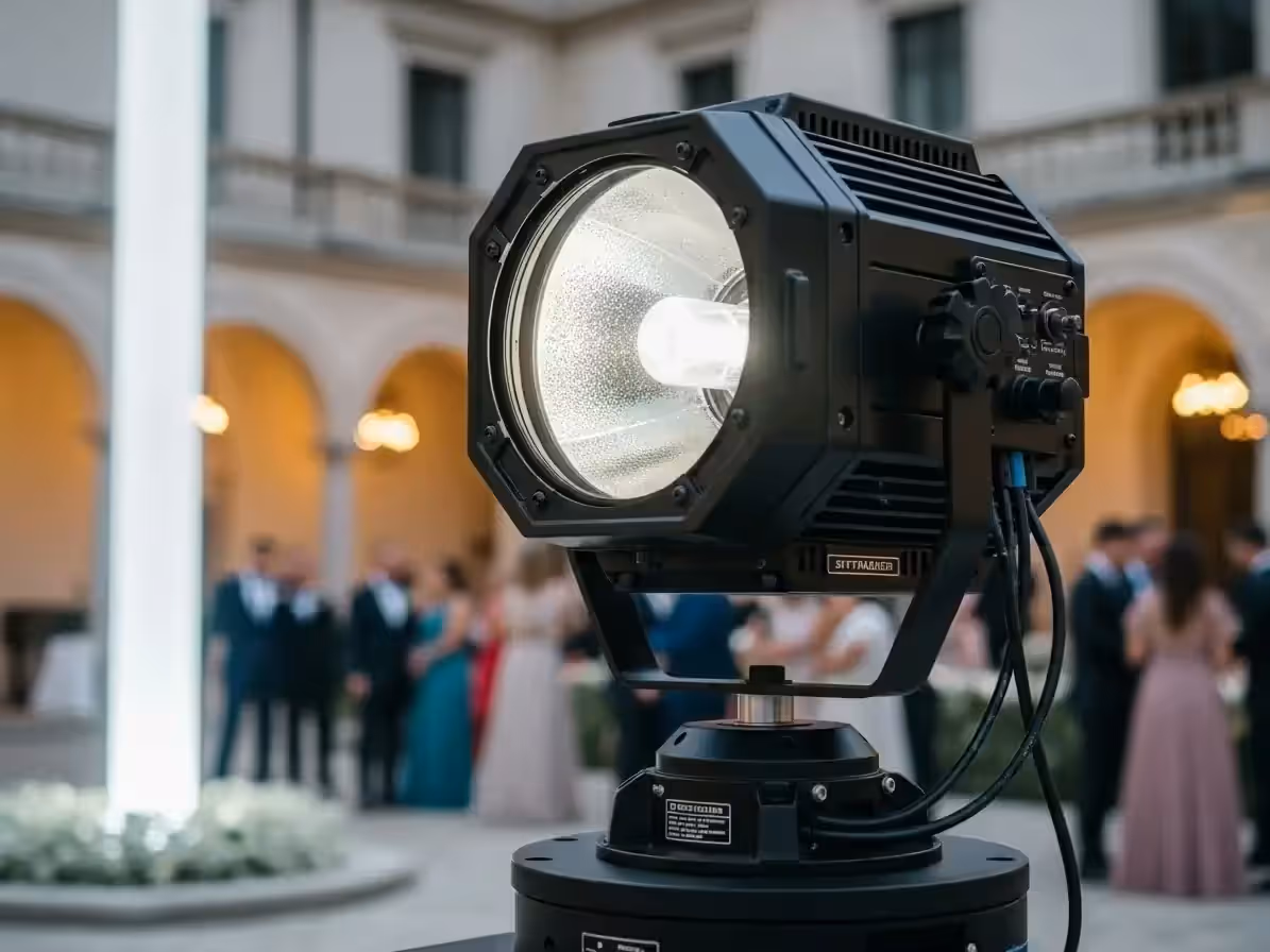 Sky tracker montado junto a un remolque con generador eléctrico en un evento exterior de noche