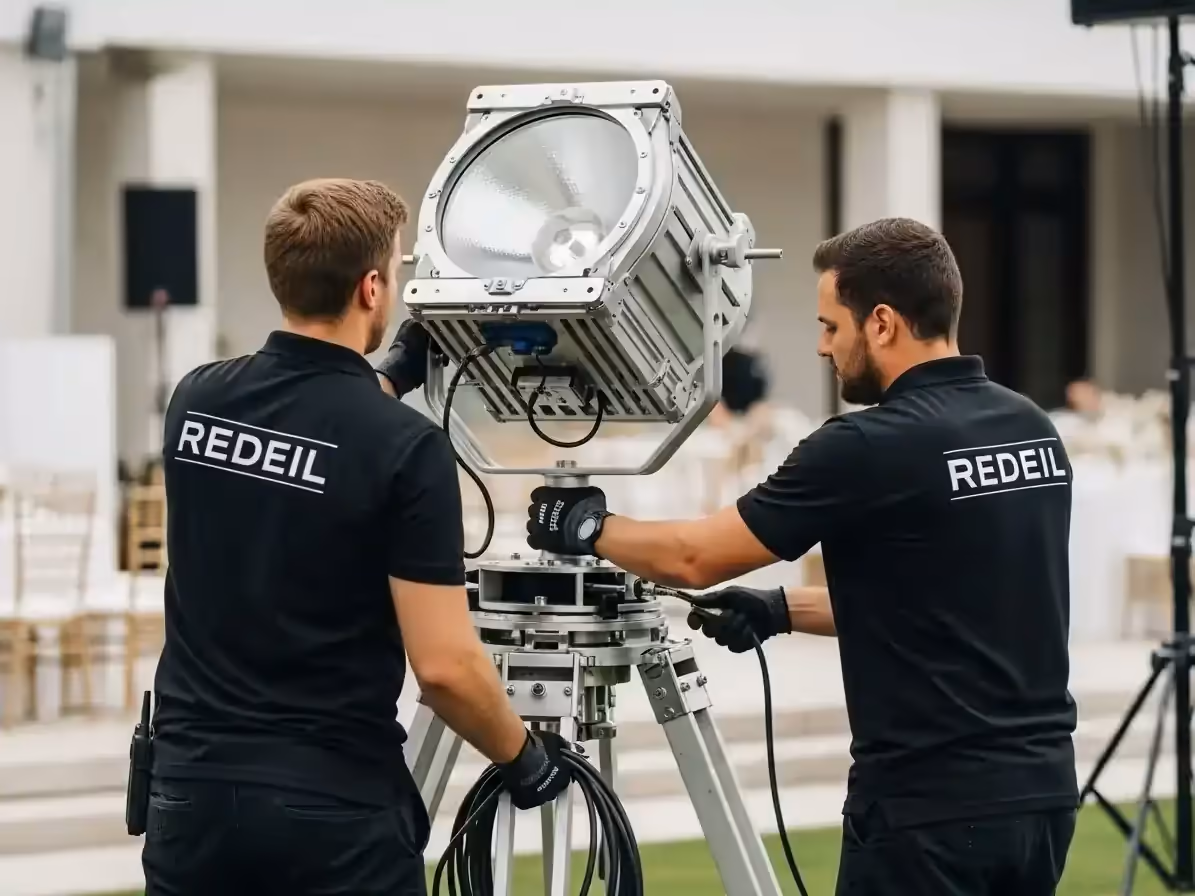 Sky tracker iluminando cielo estrellado en evento al aire libre