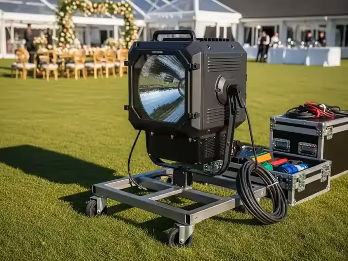 Haces de luz en evento con carpa en jardín nocturno