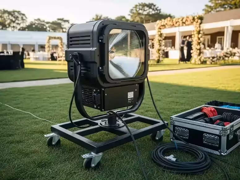 Sky tracker en evento de jardín decorado con guirnaldas Edison