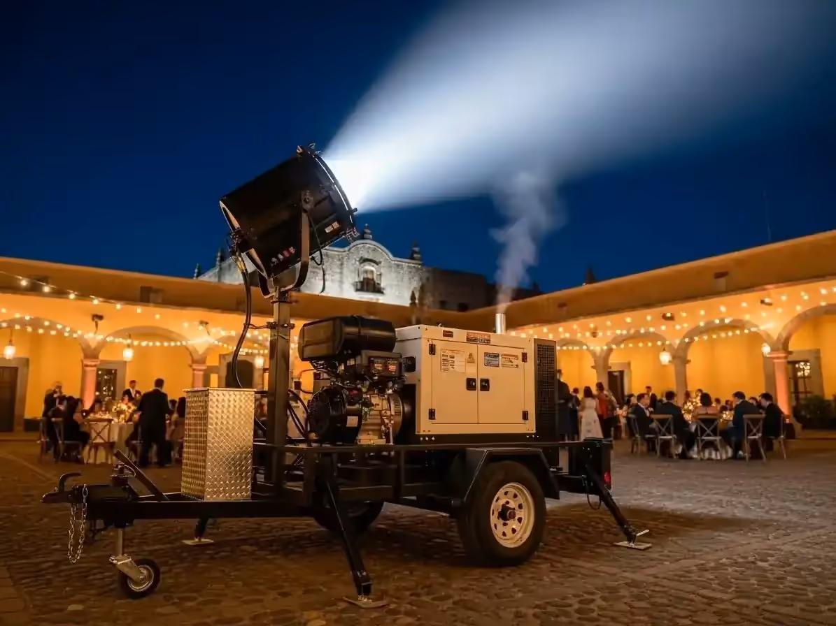 Haz potente de sky tracker en evento nocturno de hacienda