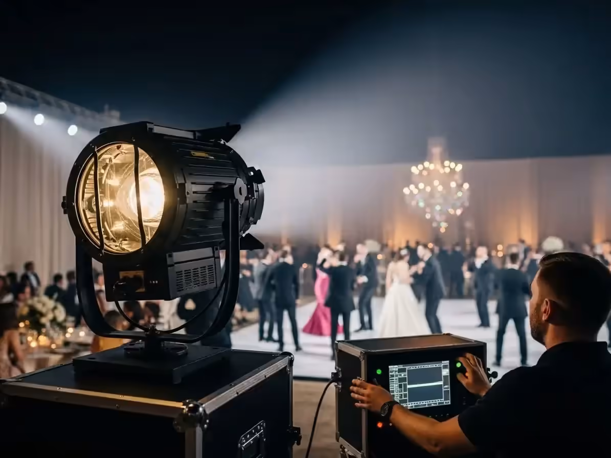 Operador de sky tracker junto a pista de baile en boda