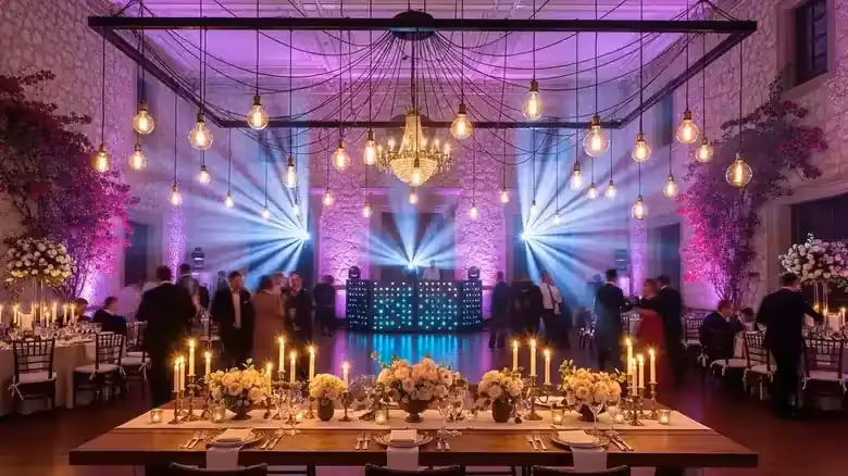 Quinceañera bailando el vals iluminada por seguidor de luz