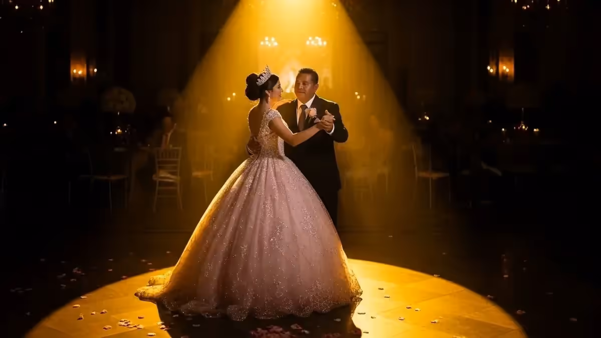Quinceañera durante el vals con seguidor de luz